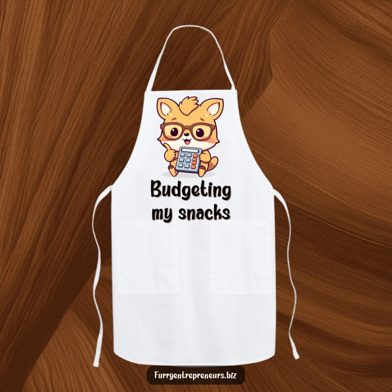 Funny animal accountant apron, a cheerful creature with glasses points at a tiny calculator, perfect for humorous and functional kitchen wear.