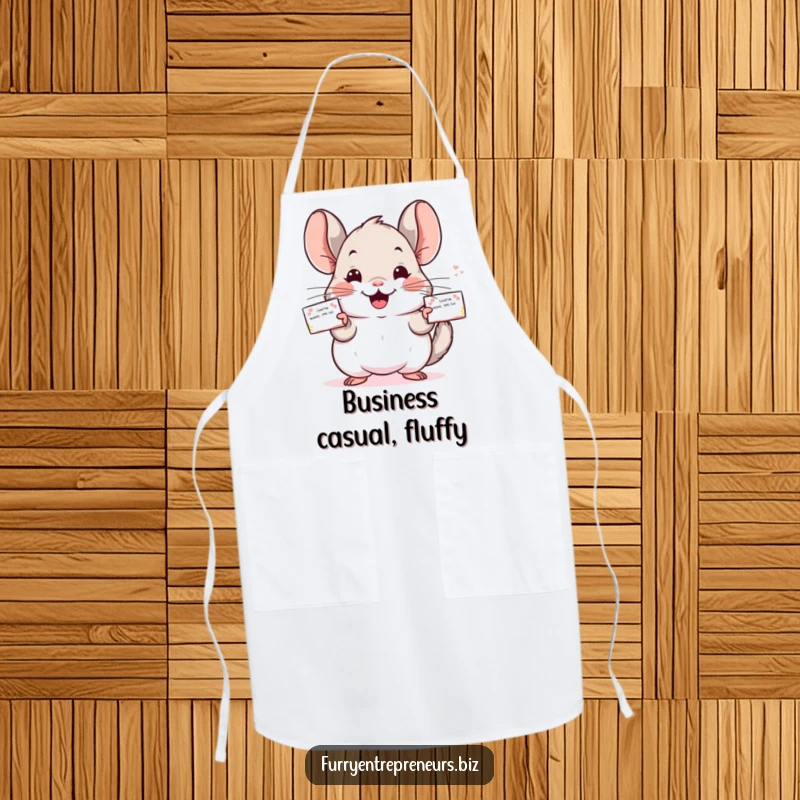 Funny Chinchilla apron featuring a cheerful character distributing business cards, adding humor to cooking tasks.
