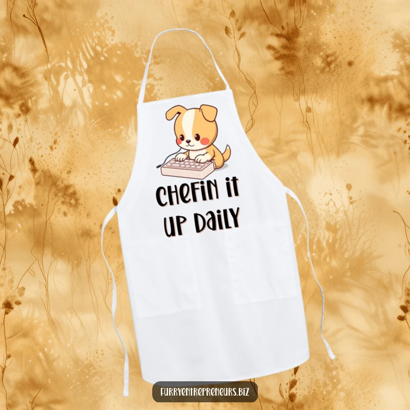 Funny apron featuring an adorable dog character typing on a miniature keyboard, perfect for kitchen duties with humor.