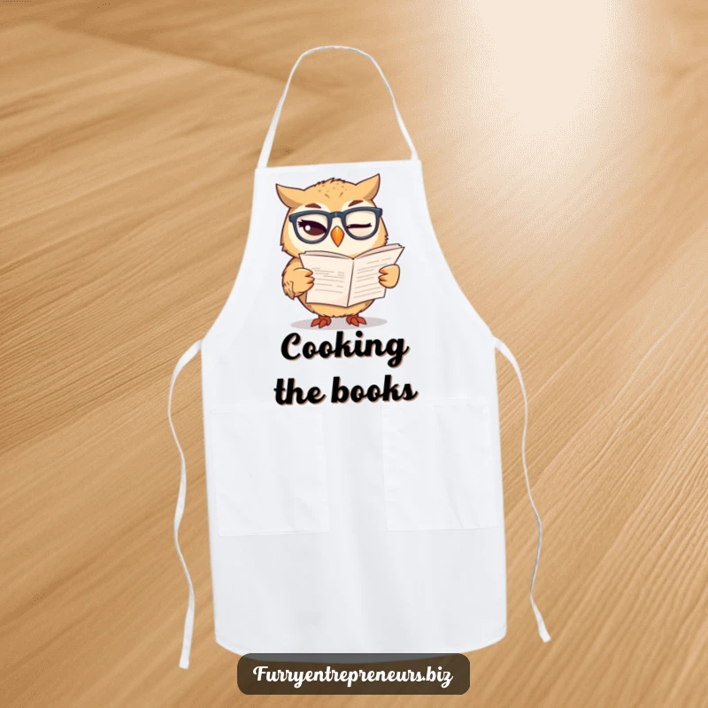 Funny apron featuring a winking owl wearing glasses, reading a financial report, perfect for kitchen duty with financial humor.