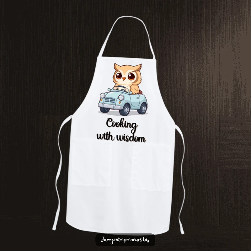 Funny kitchen apron with a cute owl character driving a small toy car, perfect for adding animal-themed humor to cooking tasks.