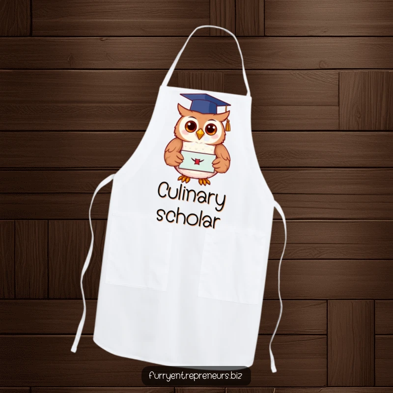 Funny owl in a graduation cap holding a diploma, humorously overseeing kitchen tasks on a protective and wise apron.