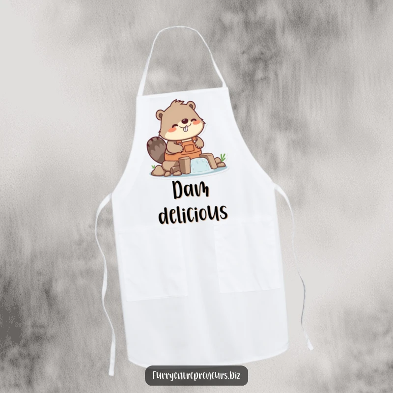 Funny beaver character in overalls building a dam on an apron, workshop protection, construction humor, practical funny gift.
