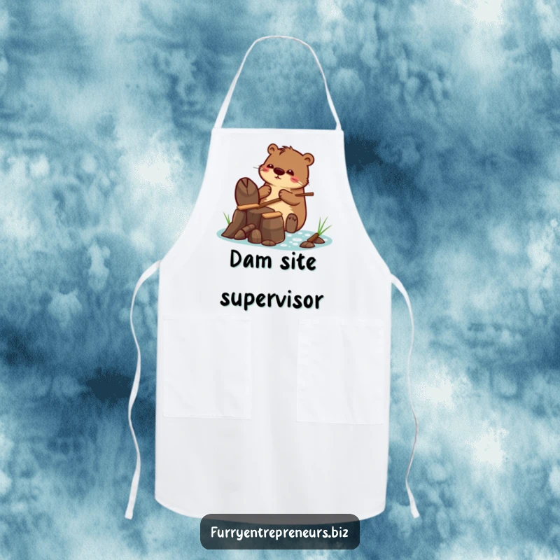 Funny apron showing a beaver character building a tiny dam with tiny sticks, perfect for creative tasks with a humorous, diligent flair.