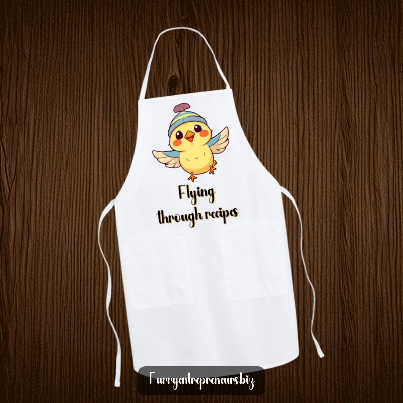 Funny bird with a propeller beanie, flying while cooking, on a kitchen apron, perfect for chefs with a sense of adventure, a fun funny gift.
