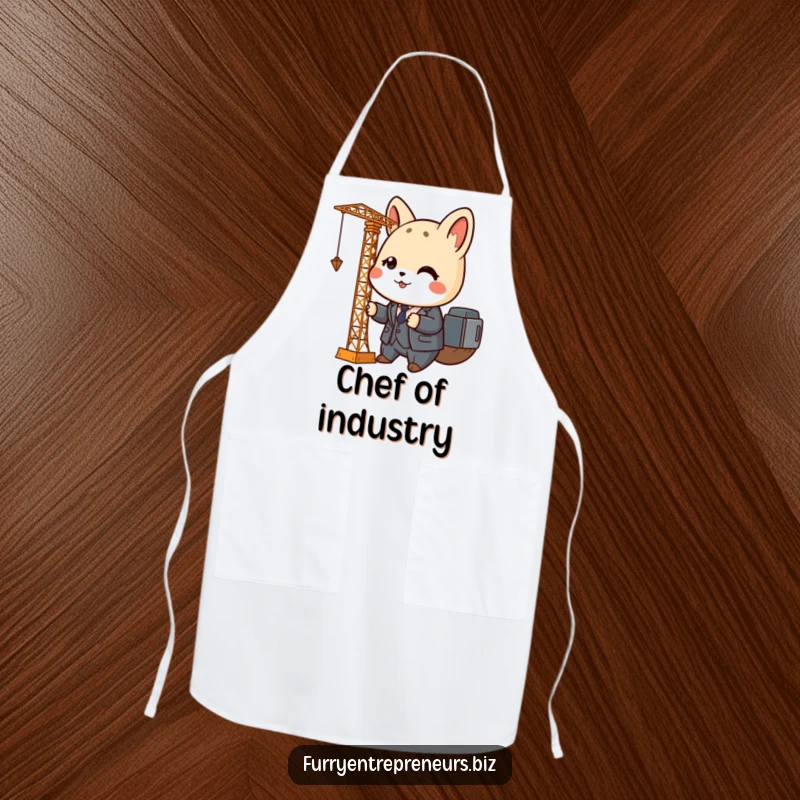 Funny animal business apron with a cute character in a tiny suit operating a miniature crane, perfect for kitchen tasks.