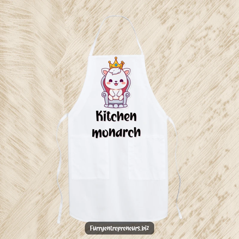 Funny apron showing a smiling animal character as a king, wearing a crown, sitting on a tiny throne while cooking.