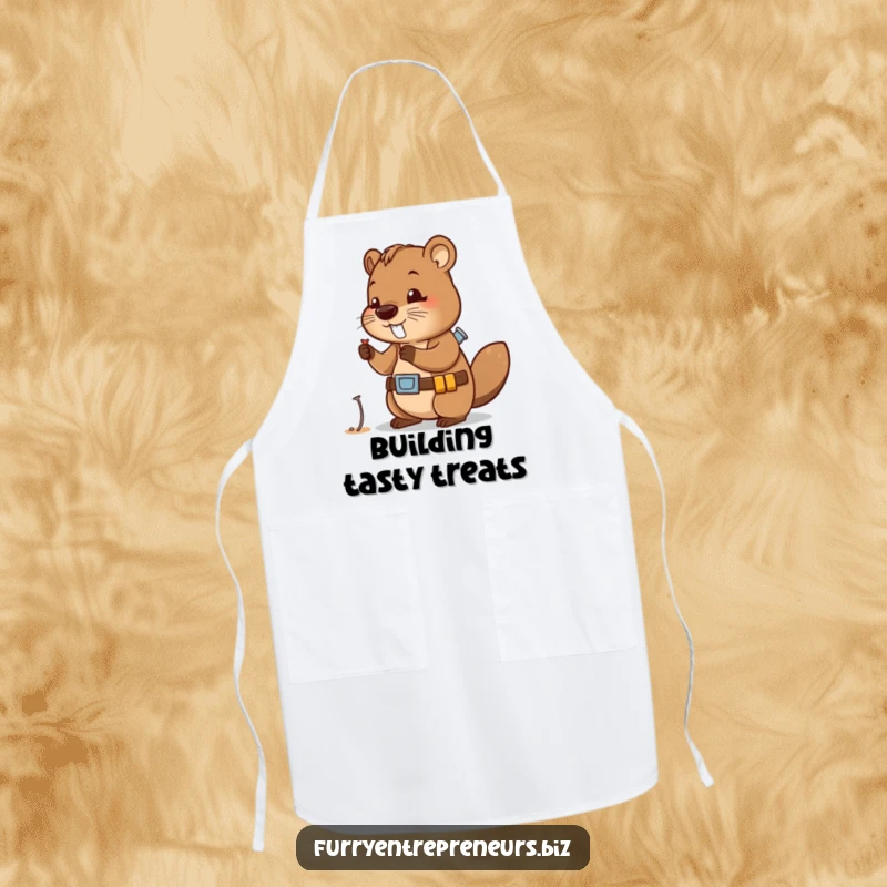 Funny apron with a cute beaver character wearing a tool belt, examining a tiny nail, ready for kitchen projects.