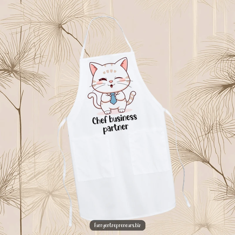 Funny cat in a tie winking and shaking hands, on a kitchen apron, perfect for chefs and business owners, a fun funny gift.