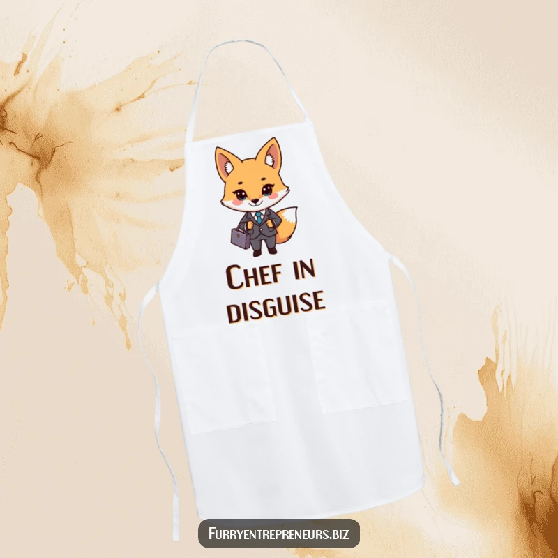 Funny business fox character in a suit and briefcase on an apron, bringing professional style and humor to cooking.