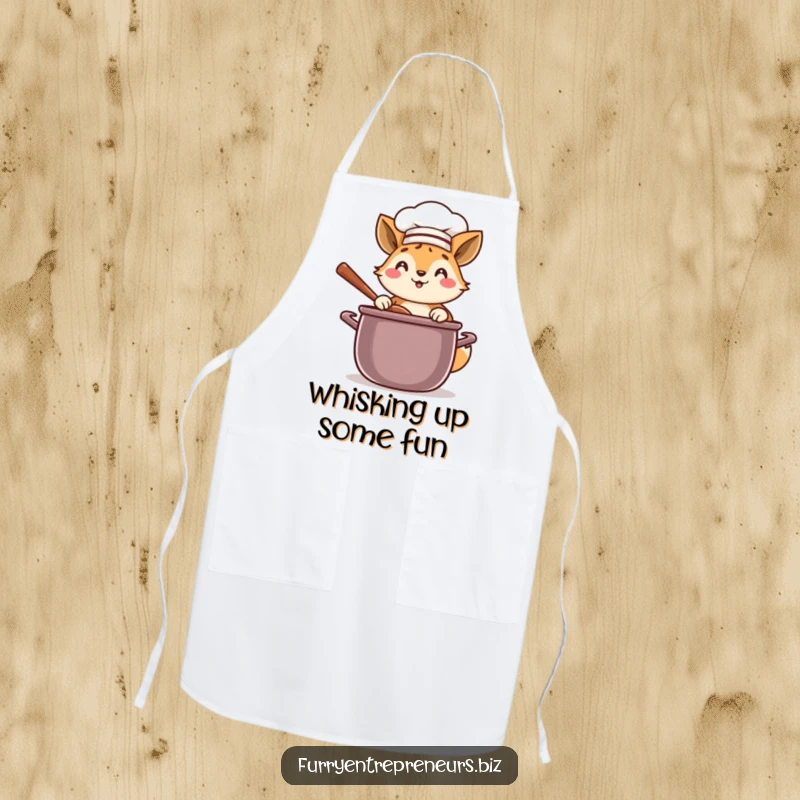 Funny chef animal apron showing a happy character in a chef hat, stirring a giant pot, ready to cook.