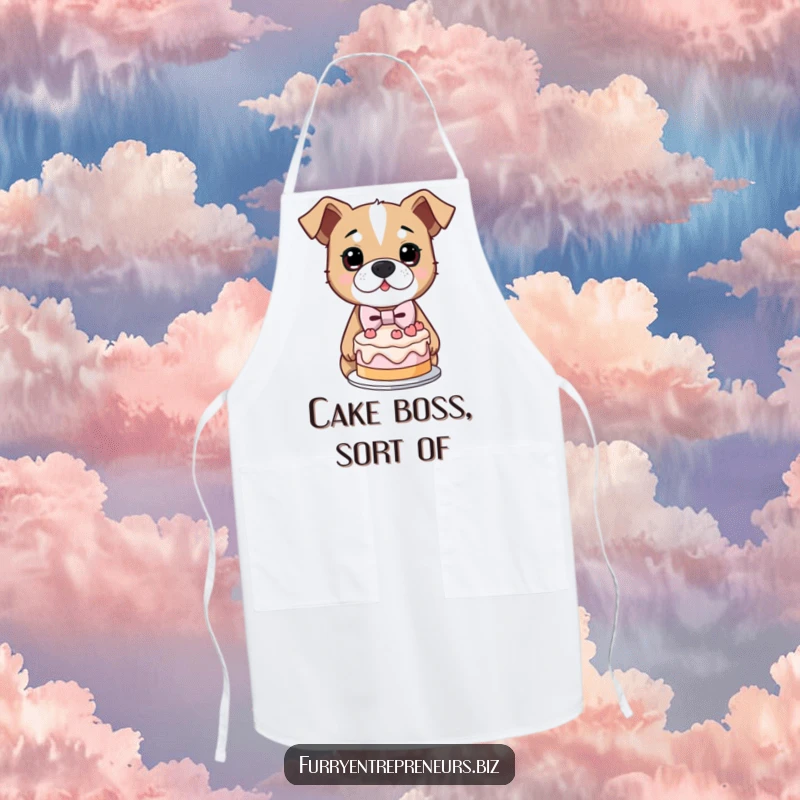Funny apron showing a determined dog in a mini bowtie, proudly presenting a lopsided cake, ready for kitchen success.