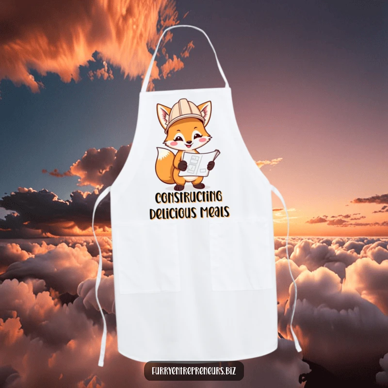 Funny apron featuring a smiling fox wearing a hard hat, holding a blueprint, ready to assist in the kitchen with humor.