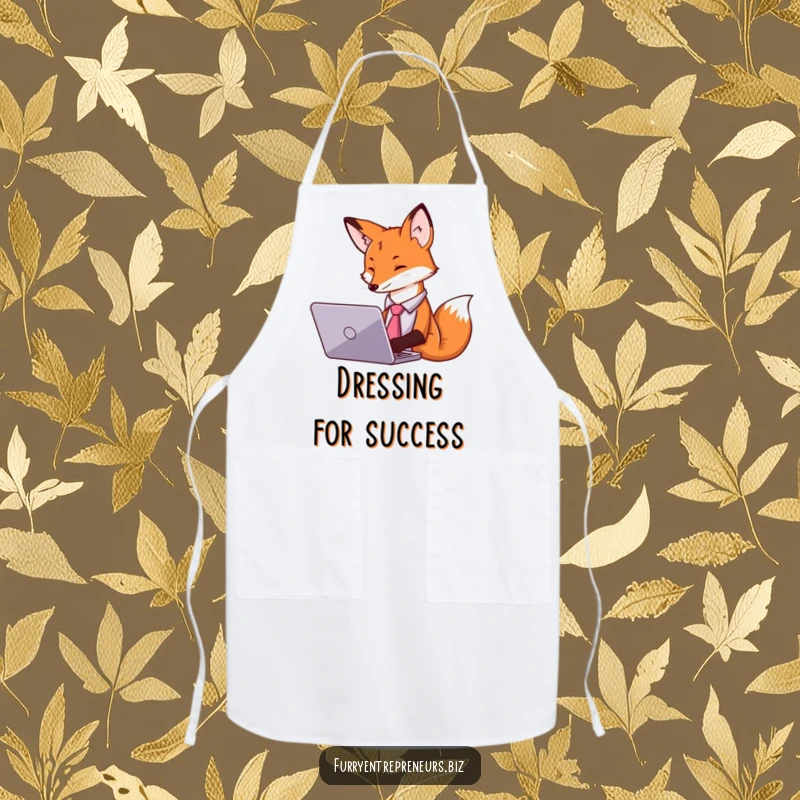 Funny apron with a fox in a tie typing on a laptop, designed for culinary professionals with a sense of humor.