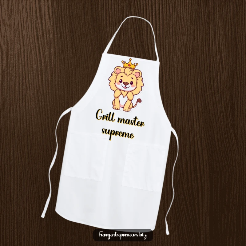 Funny proud lion wearing a crown, accepting applause, a humorous apron for kitchen royalty and funny gifts.