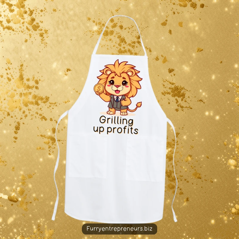 Funny lion in a tiny, crisp suit holds a coin, looking brave and ready to cook up a storm on this humorous apron.