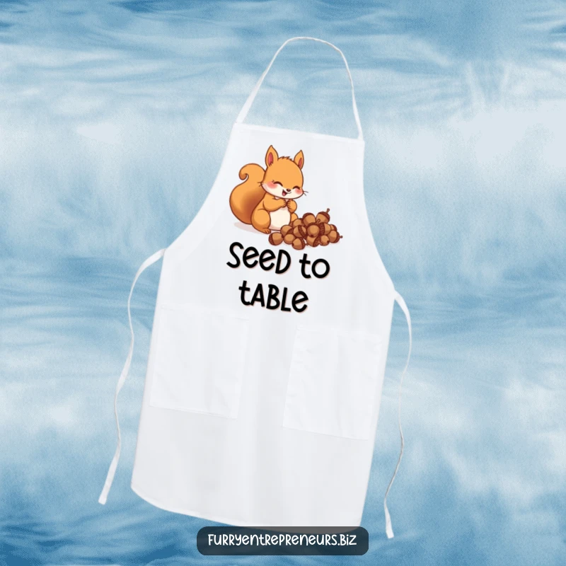 Funny squirrel character gleefully counting acorns on an apron, bringing collecting spirit and humor to cooking.