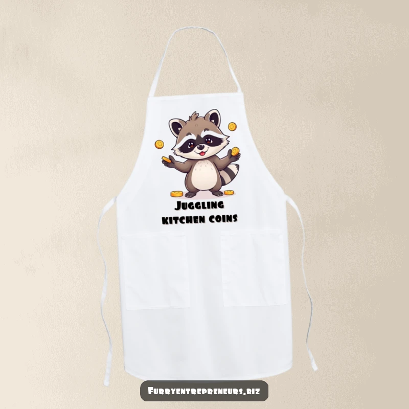 Funny apron showing a playful raccoon character juggling coins, perfect for kitchen tasks with a humorous, mischievous flair.