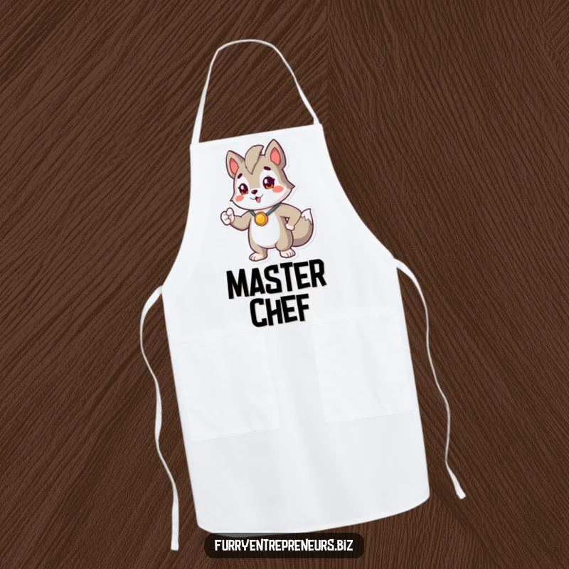 Funny apron showcasing a proud animal character in a heroic pose with a tiny medal, ready to cook up a storm.
