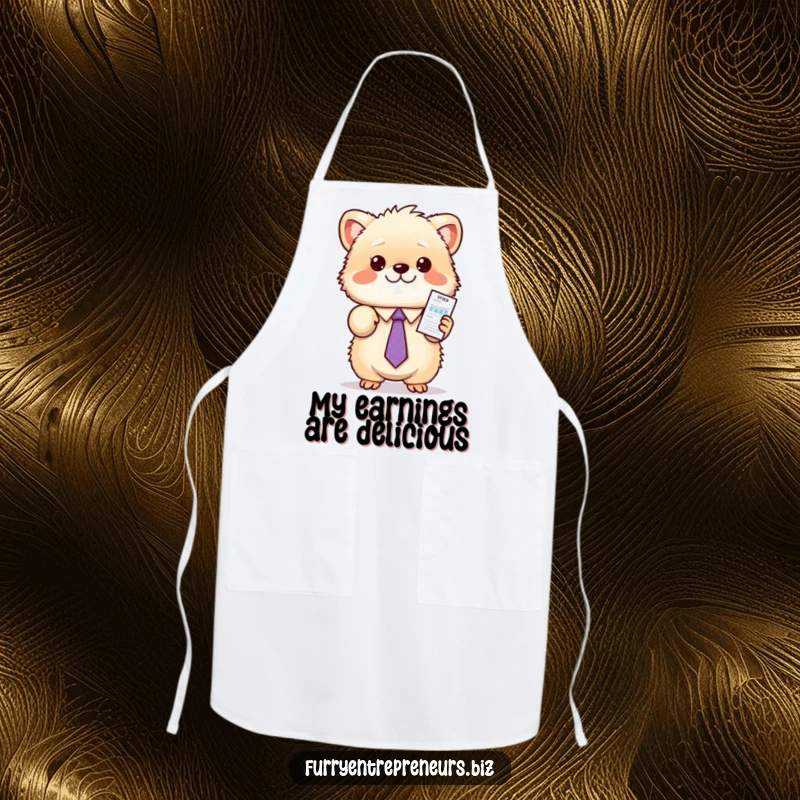 Funny animal stock apron with a fluffy creature in a tie, enthusiastically presenting a miniature stock chart, perfect for kitchen tasks.