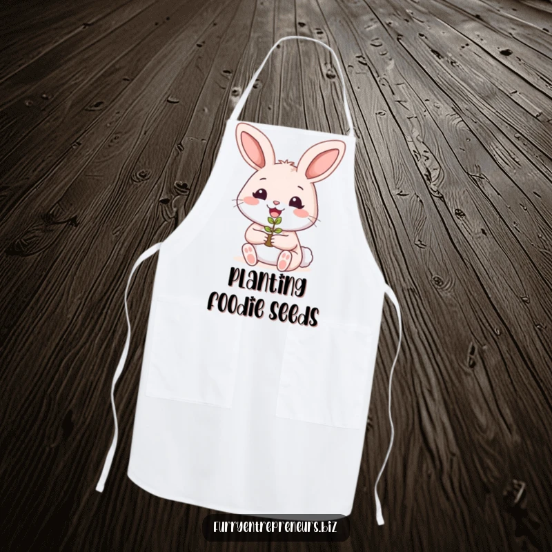 Funny rabbit gardener apron showing a smiling bunny holding a tiny plant seedling, perfect for cooks.