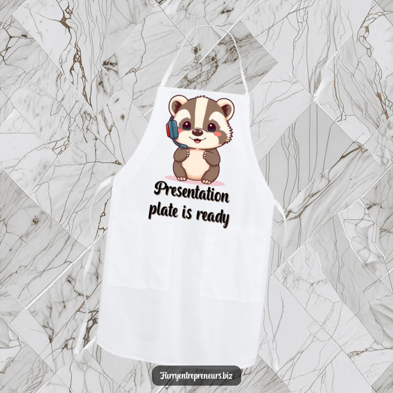 Funny chef apron featuring a badger wearing a headset, presenting with comical focus, adding a humorous and professional vibe to work.