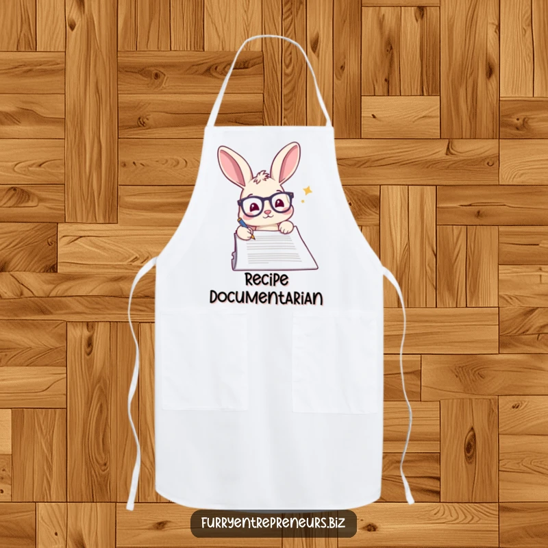 Funny rabbit apron, wearing glasses, signing a recipe document with a determined flourish.