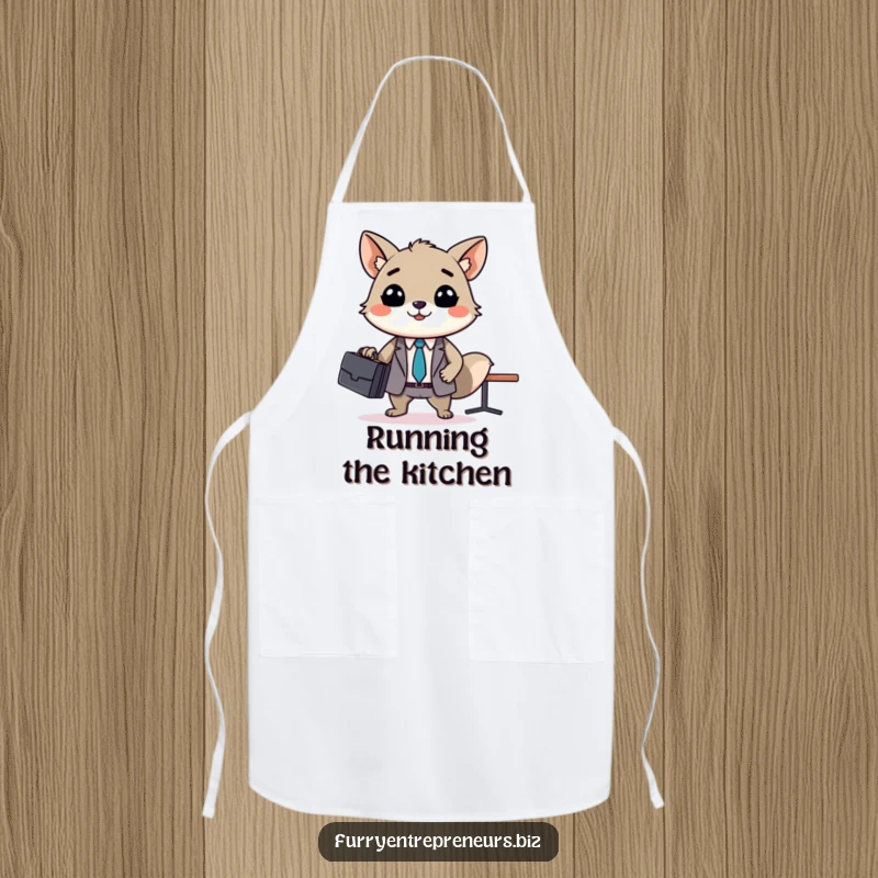 Funny animal business meeting apron, a smiling creature with a briefcase leads a tiny meeting, perfect for humorous and functional kitchen wear.