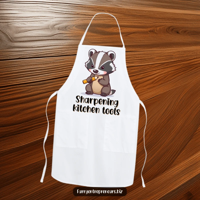 Funny apron showing a determined badger character sharpening a tiny pencil, perfect for creative tasks with a humorous, focused flair.