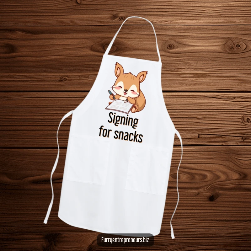 Funny apron with a playful squirrel character signing a document with a tiny pen, overseeing kitchen tasks with humor.