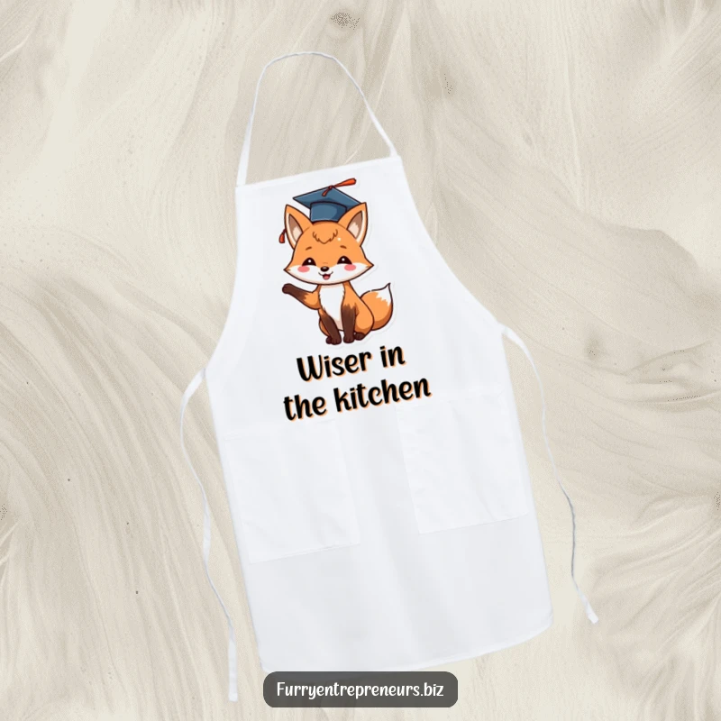 Funny fox graduation apron showing a cheerful animal tossing its cap in the air, perfect for cooks.