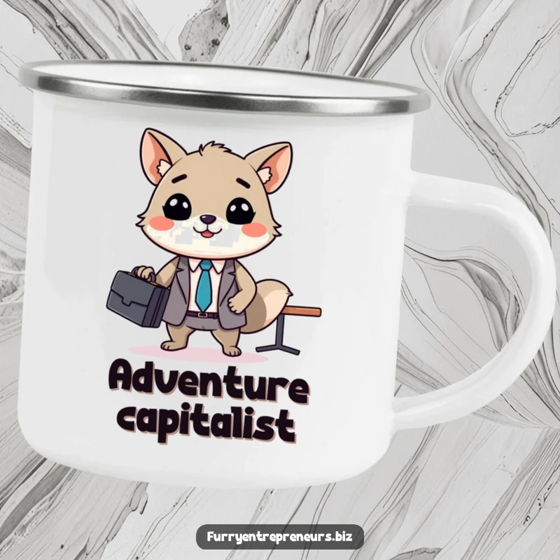 Funny animal business meeting camping mug, a smiling creature with a briefcase leads a tiny conference, perfect for outdoor adventures with a humorous twist.