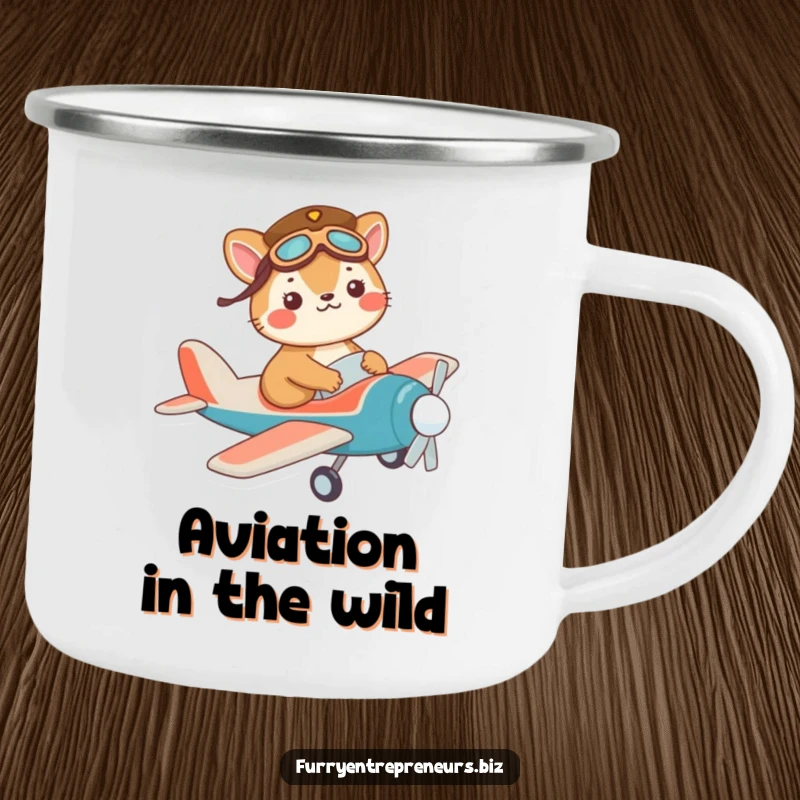 Funny pilot animal camping mug with a mischievous character in a tiny pilot hat, flying a toy plane.