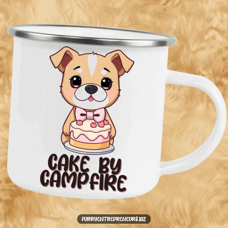 Funny camping mug showing a determined dog in a bowtie, proudly presenting a lopsided cake, ready for outdoor fun.