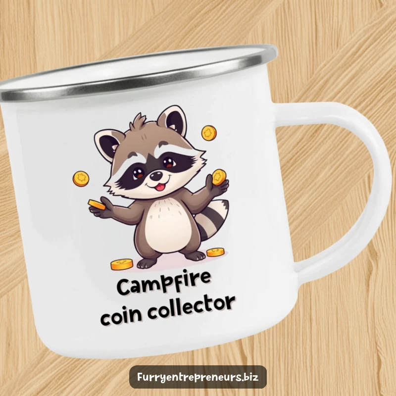 Funny camping mug showing a playful raccoon character juggling coins, perfect for outdoor drinks with a humorous, mischievous twist.