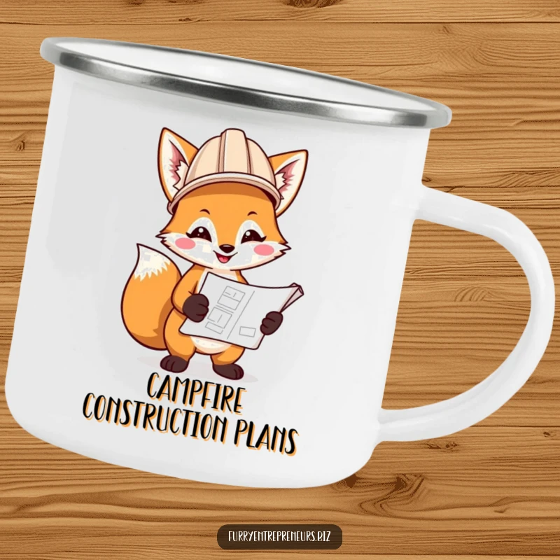 Funny camping mug featuring a smiling fox wearing a hard hat, holding a blueprint, ready for outdoor expeditions.