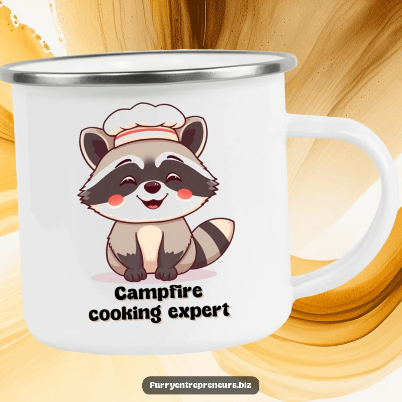 Funny camping mug featuring a giggling raccoon in a chef hat, bringing humorous charm and culinary delight to outdoor beverages.