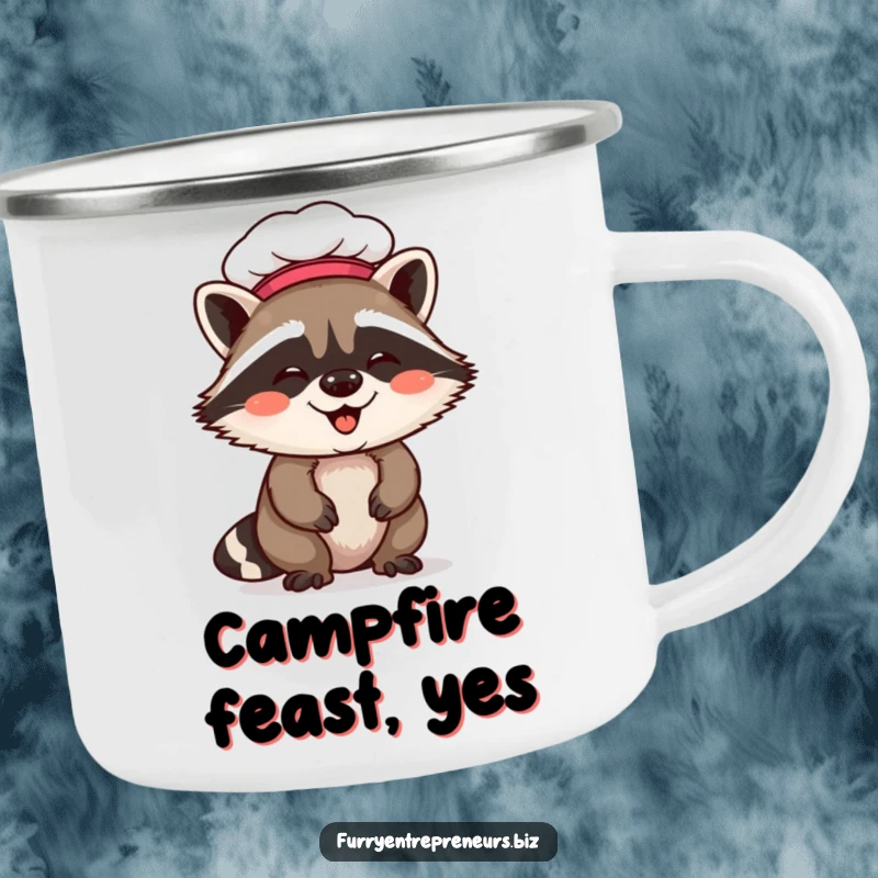 Funny raccoon chef camping mug with a giggling raccoon in a chef hat, durable for adventures and bringing culinary humor.