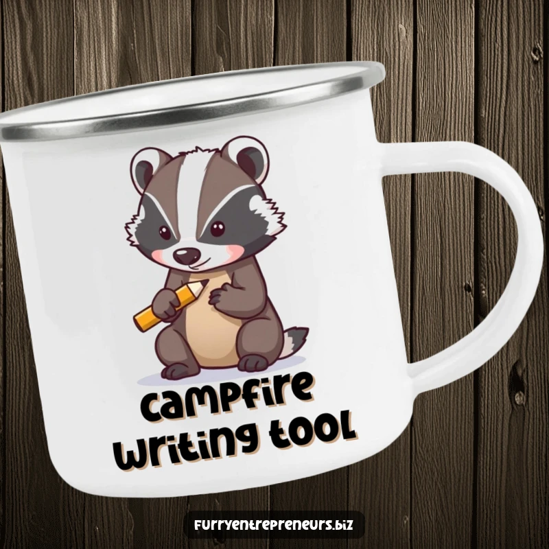 Funny camping mug showing a determined badger character sharpening a tiny pencil, perfect for outdoor drinks with a humorous, focused twist.