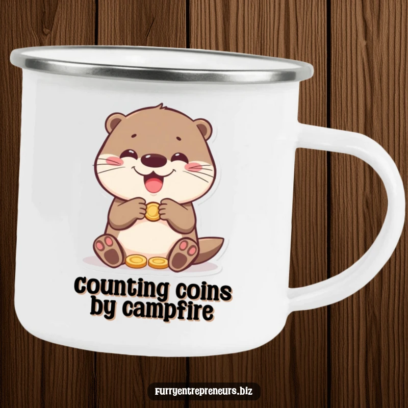 Funny otter counting coins with a joyful look, a rugged camping mug for outdoor fun and funny gift occasions.
