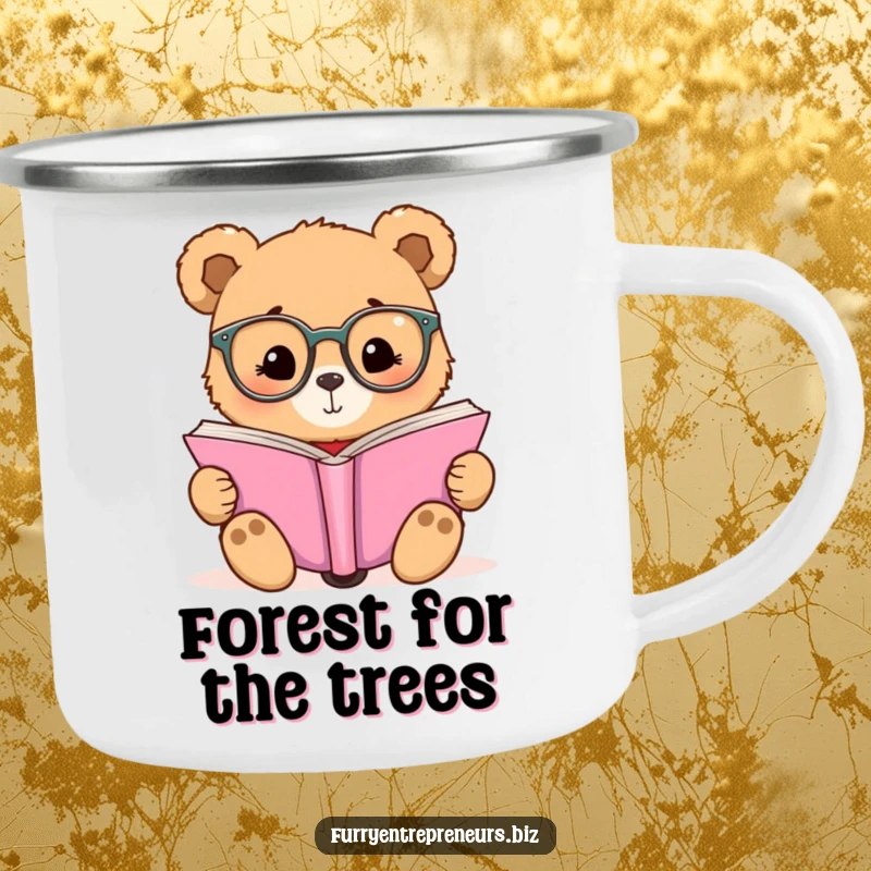 Funny camping mug featuring a bear wearing tiny glasses, reading a book, ideal for outdoor enthusiasts.