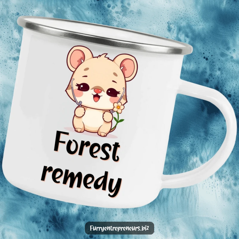 Funny camping mug showing a delighted animal character as a vet, listening to a flower with a stethoscope, for outdoor enjoyment.