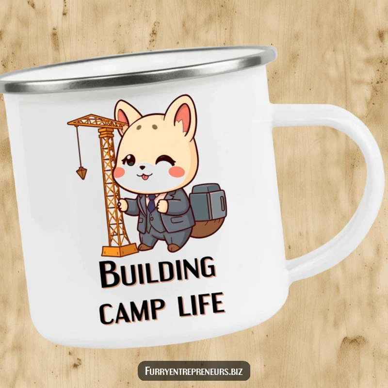 Funny animal business camping mug with a cute character in a tiny suit operating a miniature crane, perfect for outdoor drinks.