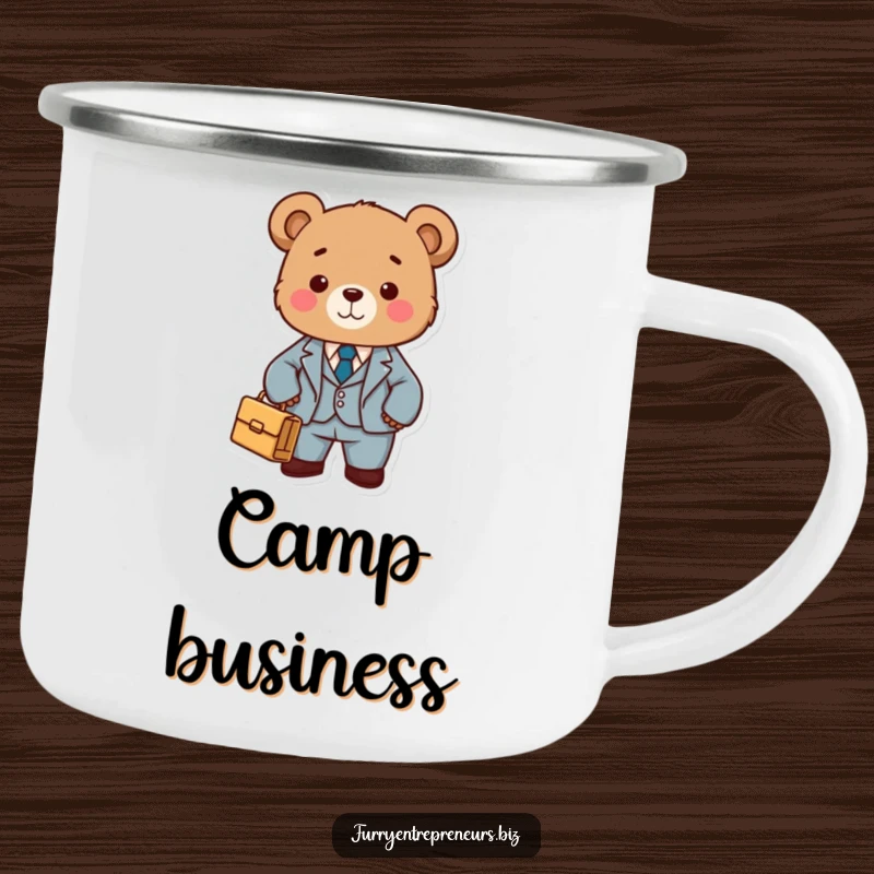 Funny bear in a business suit with a briefcase, ready for deals on a rugged camping mug, inspiring professional and humorous adventures.