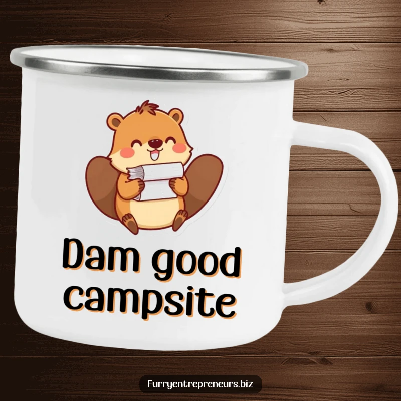 Funny camping mug with a beaver balancing a stack of papers, perfect for outdoor adventures with a dose of office-inspired humor.