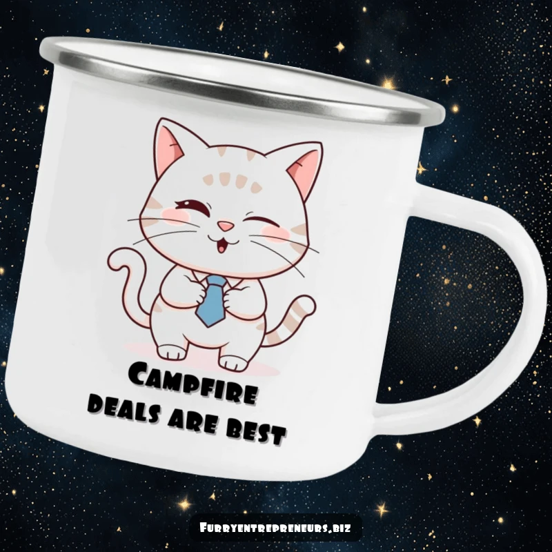 Funny cat in a tie winking and shaking hands, on an enamel camping mug, perfect for outdoor meetings, a funny gift.