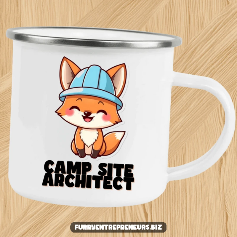 Funny camping mug with a smiling fox wearing a hard hat, perfect for outdoor adventures with a dose of construction-inspired humor.
