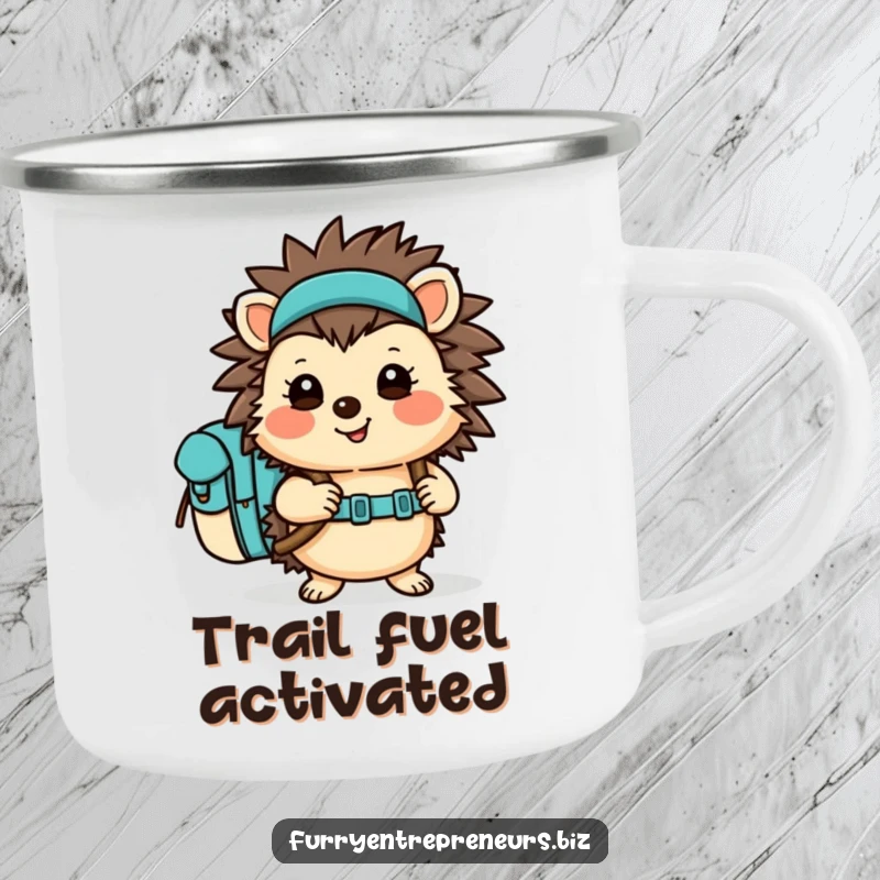 Funny Hedgehog Camping Mug featuring a cheerful hiker character with a backpack, ideal for outdoor trips. Durable enamel mug.