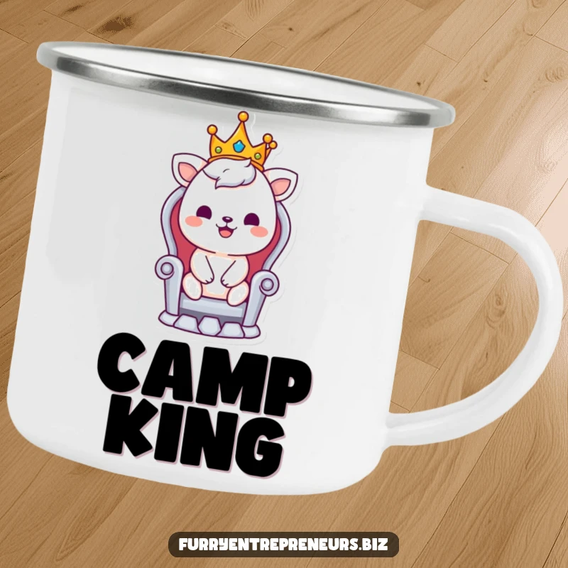 Funny camping mug with a smiling animal character wearing a crown, sitting on a tiny throne, ready for outdoor adventures.