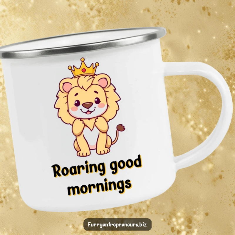 Funny proud lion wearing a crown, accepting applause, a rugged camping mug for majestic outdoor experiences and funny gifts.